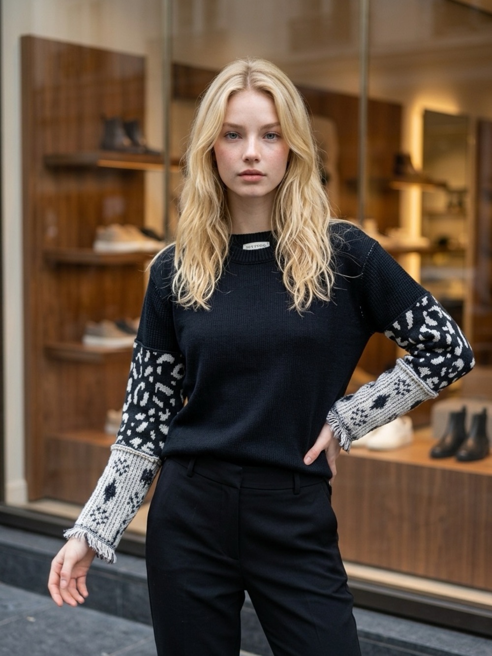We The Free Black Crewneck Sweater with Tiger style Cuff sleeves